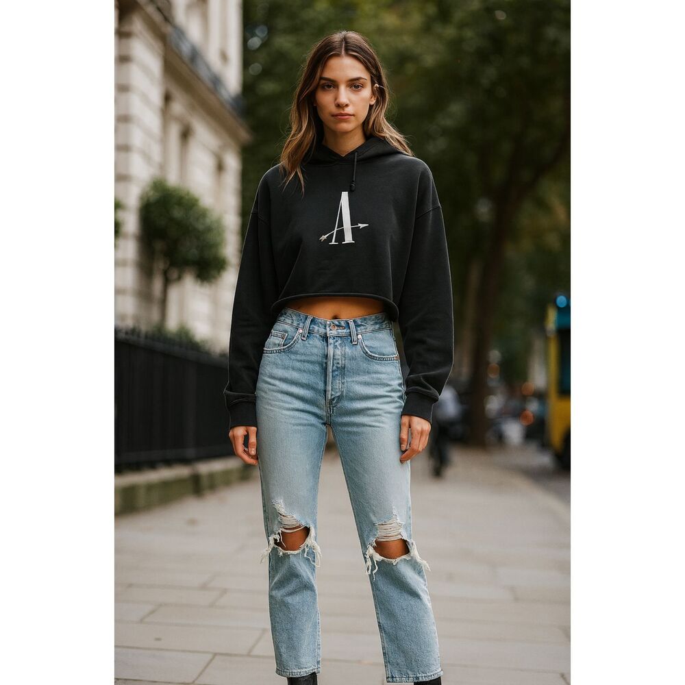 ALLSAINTS Black Cotton Cropped Pullover Hoodie Top  Women's Size Large